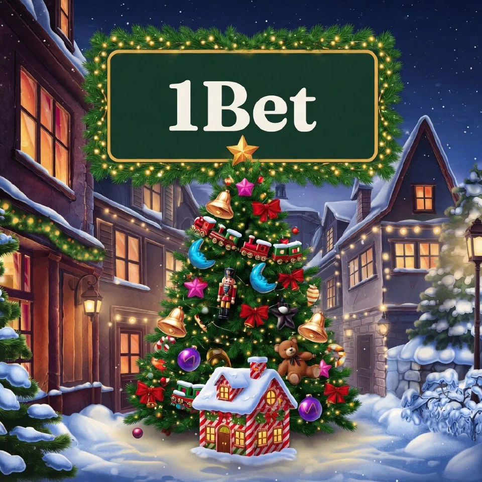 1Bet logo on a festive sign in a festive casino lobby entrance with a huge decorated tree, with a gift box shaped like a little house