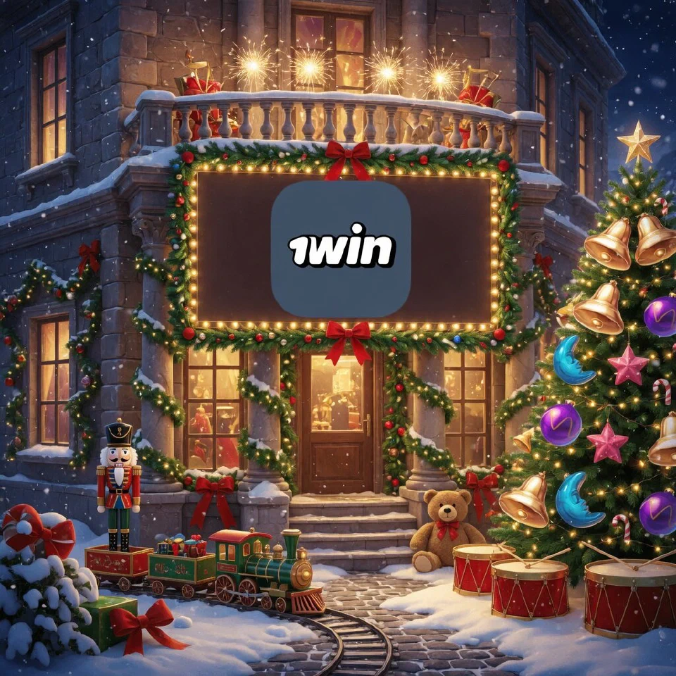 1win logo on a festive sign in a snowy street-corner casino front with garland-wrapped columns, with a sparkler-lit snowy balcony