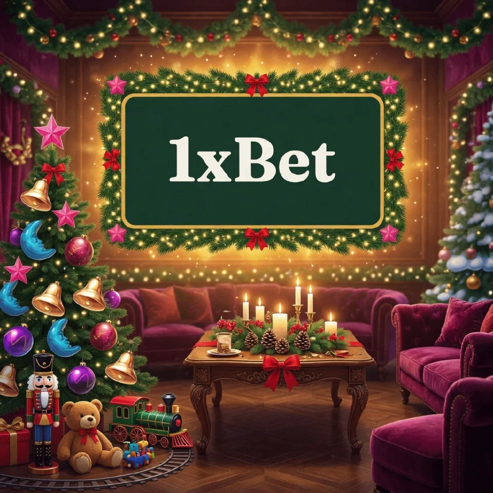 1xBet logo on a festive sign in a velvet lounge with Christmas lights, with a festive table with candles and pine cones
