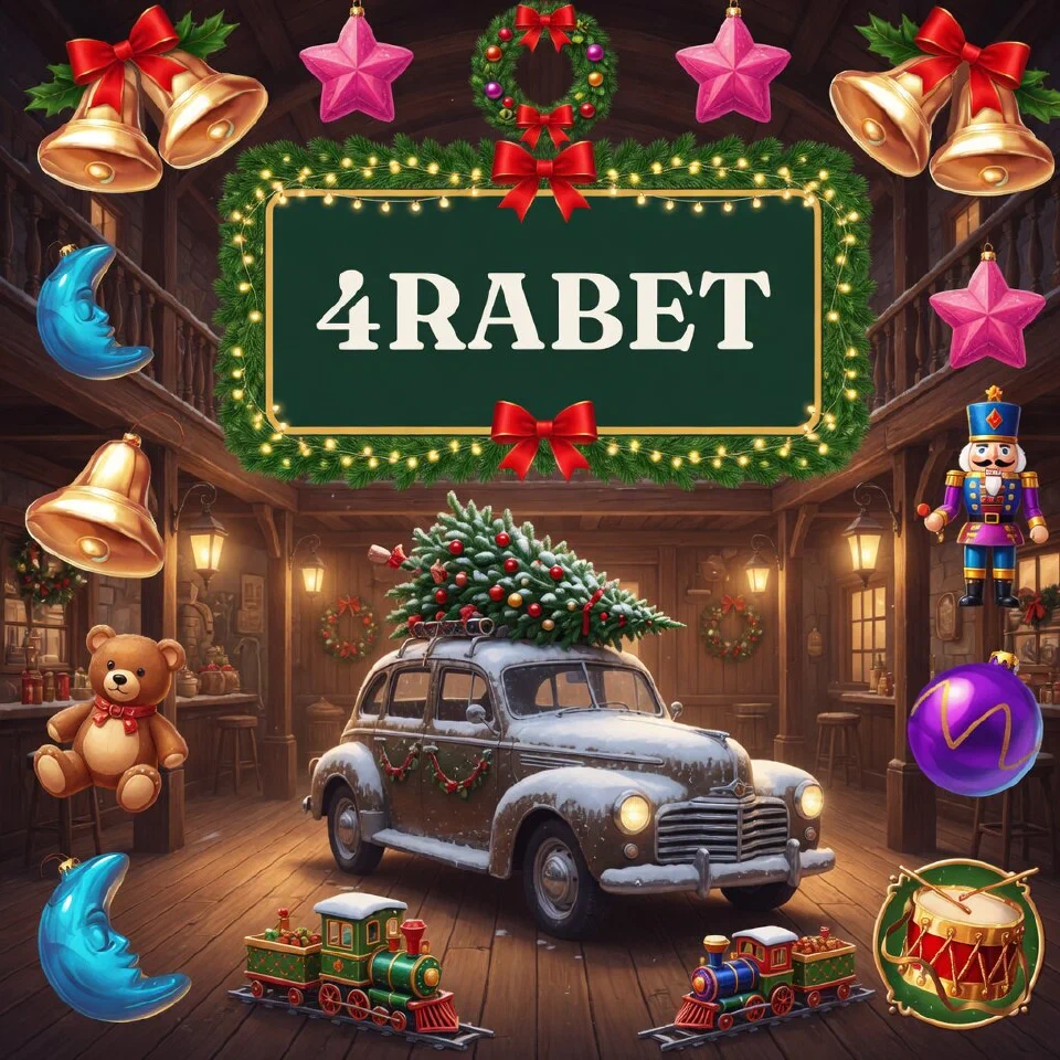 4RABET logo on a festive sign in a warm wooden saloon-style hall with wreaths, with a snow-covered vintage car with a tree on its roof