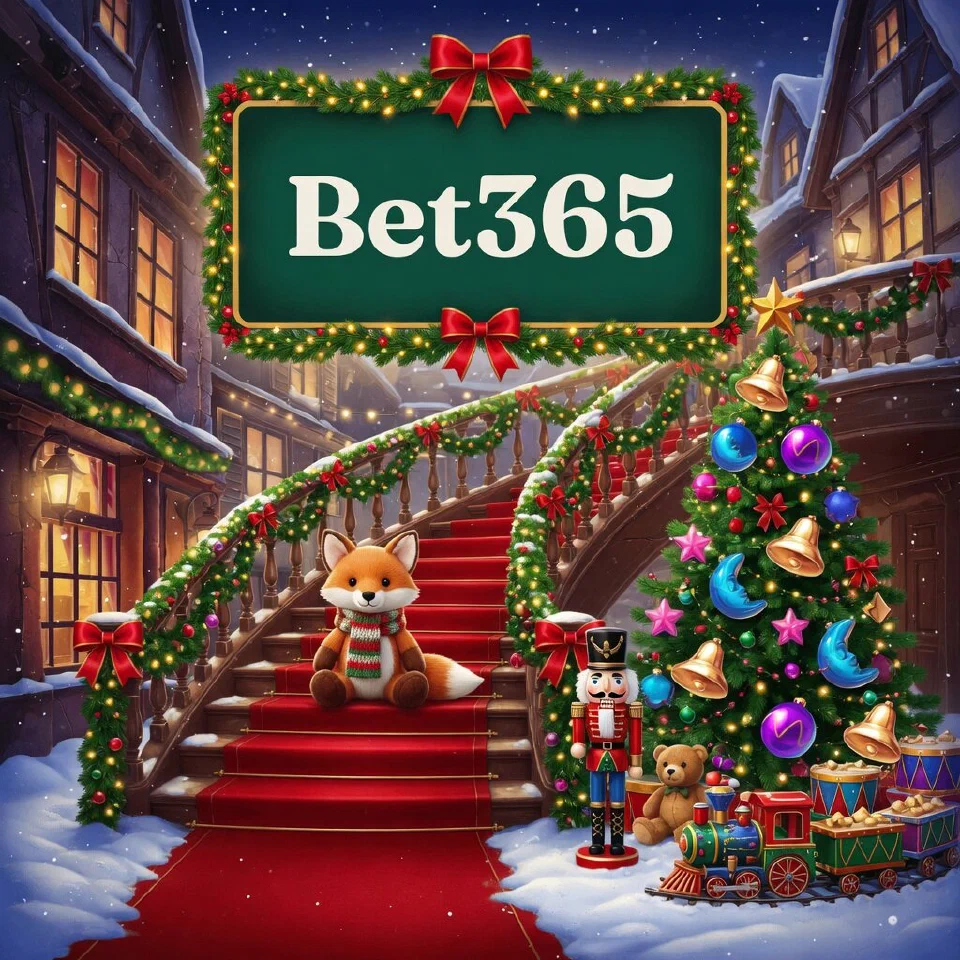 Bet365 logo on a festive sign in a grand staircase with red carpet and garlands, with a little fox plush in a scarf