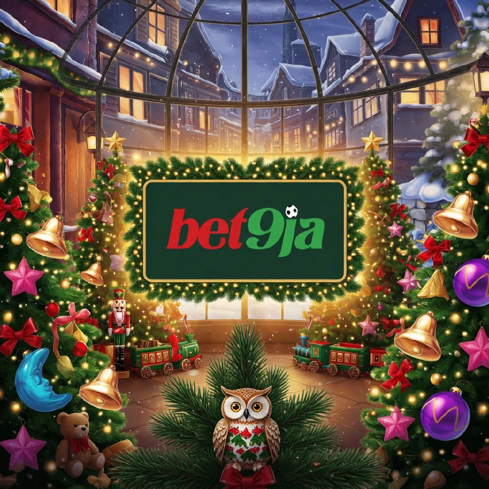 Bet9ja logo on a festive sign in a glass conservatory full of decorated trees, with an owl ornament on a pine branch