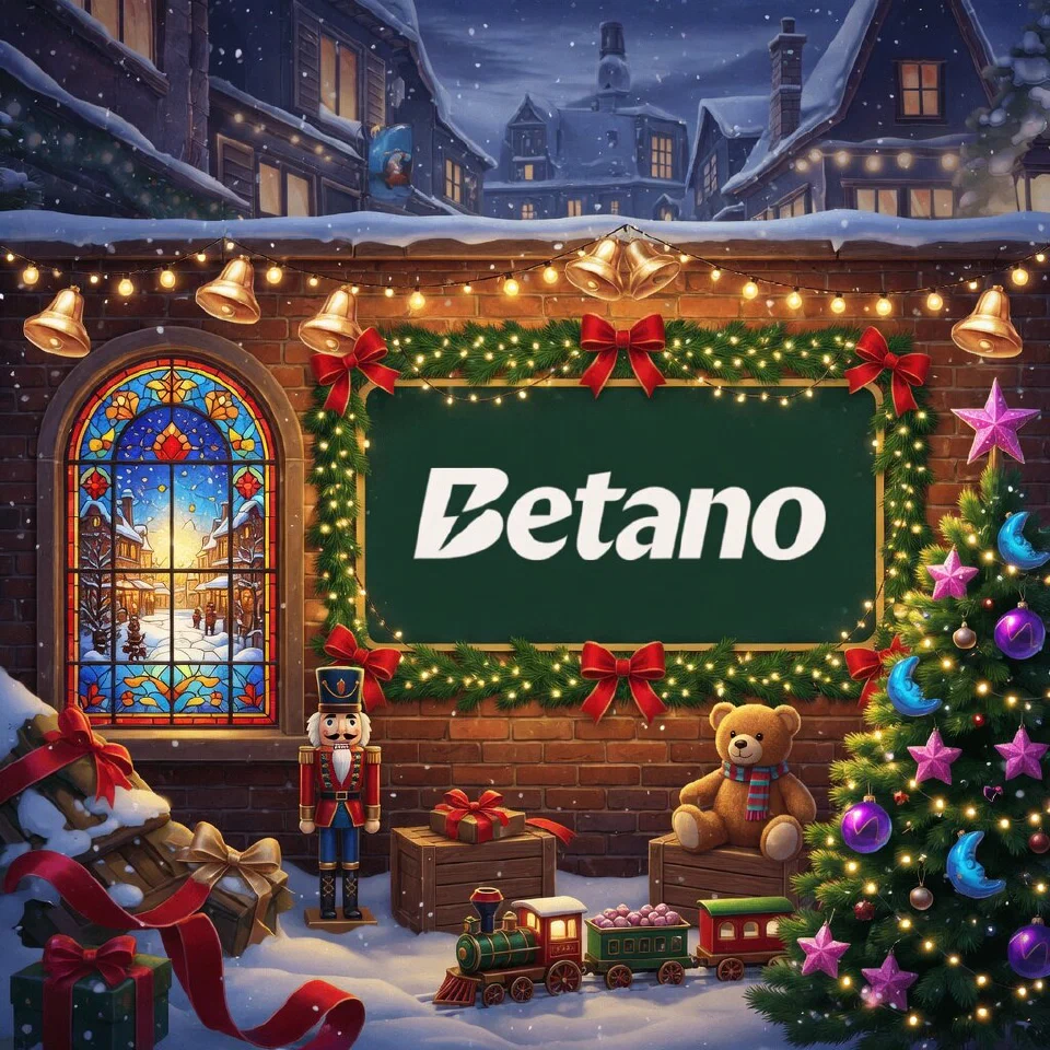 Betano logo on a festive sign in a rooftop terrace with fairy lights over a snowy city, with a stained-glass winter window
