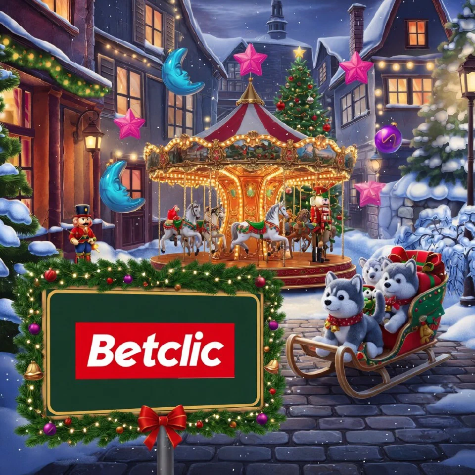 Betclic logo on a festive sign in a Christmas market square with a carousel, with a dog sled toy with husky plushes