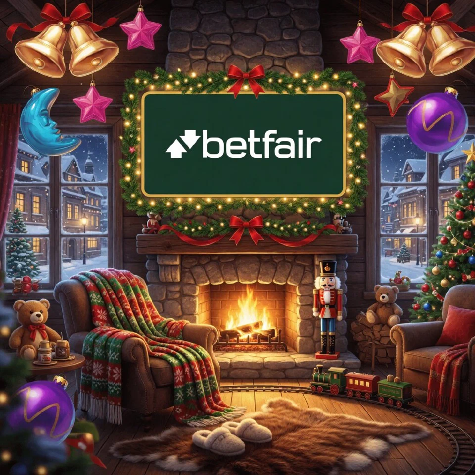 Betfair logo on a festive sign in a cozy lodge lounge with a big fireplace, with a cozy knitted blanket and slippers by the fire