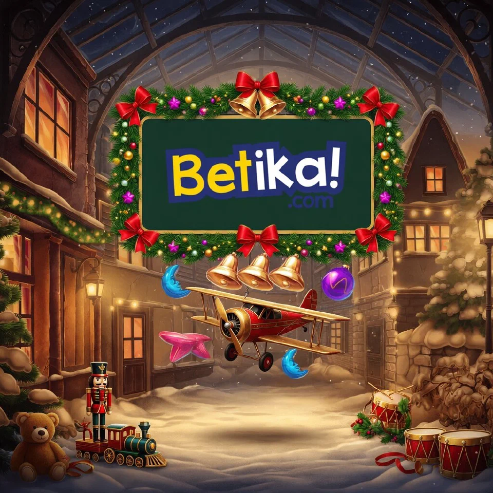 Betika logo on a festive sign in a train-station hall decorated for Christmas, with a toy airplane hanging with ornaments