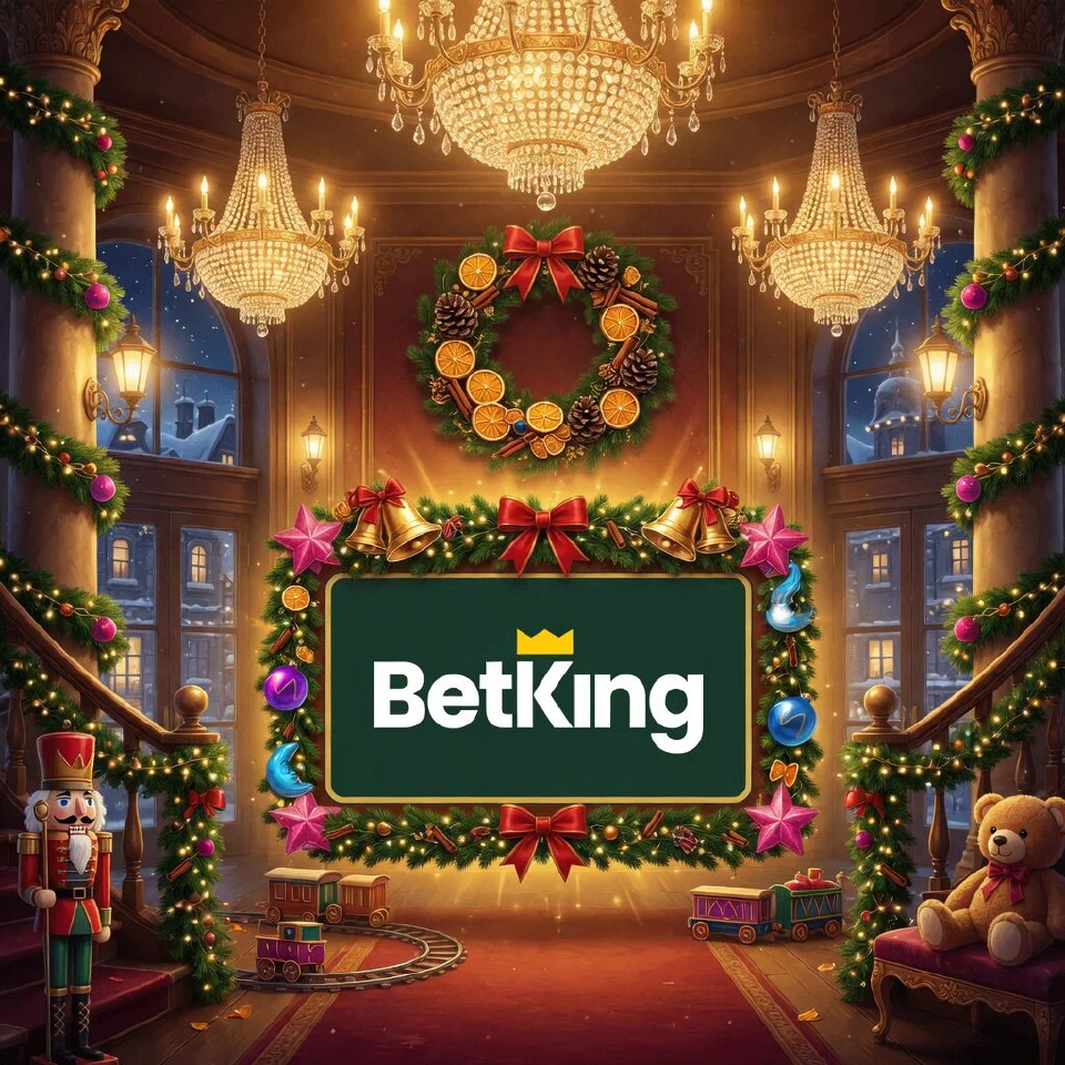 BetKing logo on a festive sign in a theatre foyer with chandeliers and garlands, with a wreath of dried oranges and cinnamon