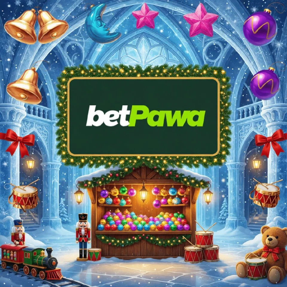 betPawa logo on a festive sign in an ice palace hall with frosted arches, with a market stall of glass baubles