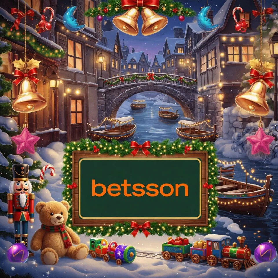 Betsson logo on a festive sign in a riverside promenade with lit boats, with a decorated lantern-lit bridge in snow