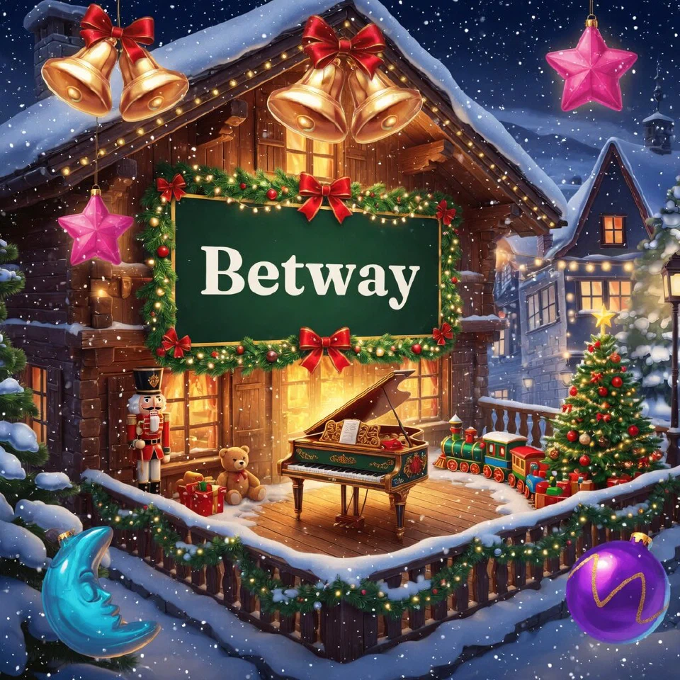 Betway logo on a festive sign in a mountain chalet terrace under snowfall, with a small toy piano