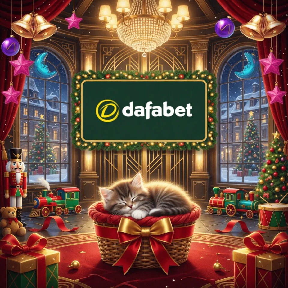 Dafabet logo on a festive sign in an art-deco hall with gold and red decorations, with a sleeping kitten in a gift basket