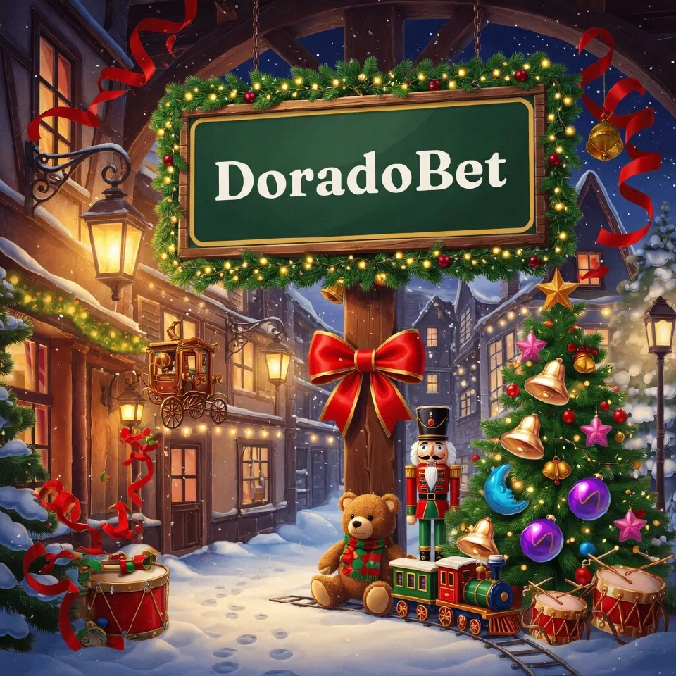DoradoBet logo on a festive sign in a covered arcade of shops with lanterns, with a carriage lantern and a red bow
