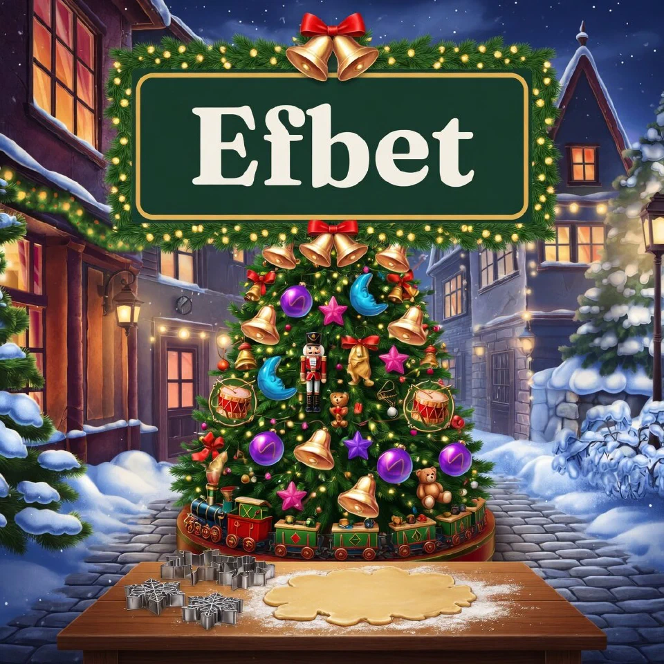 Efbet logo on a festive sign in a festive casino lobby entrance with a huge decorated tree, with a snowflake-shaped cookie cutter set and dough