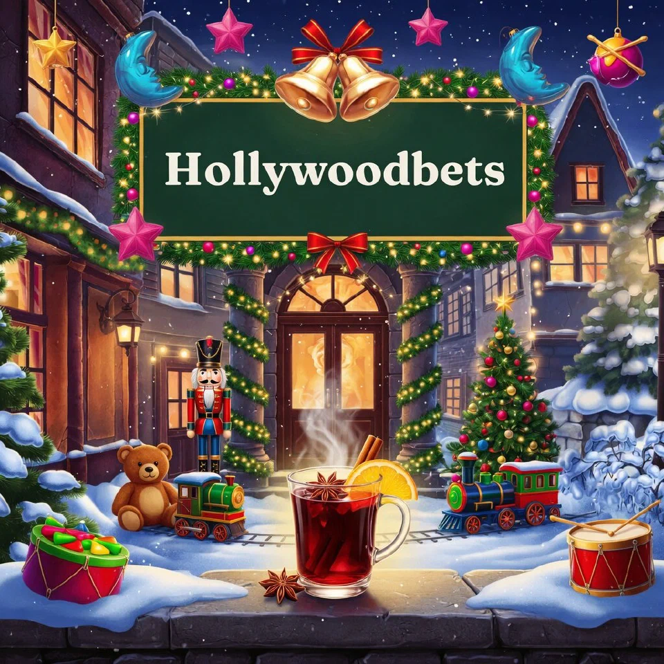 Hollywoodbets logo on a festive sign in a snowy street-corner casino front with garland-wrapped columns, with a mug of mulled wine with star anise