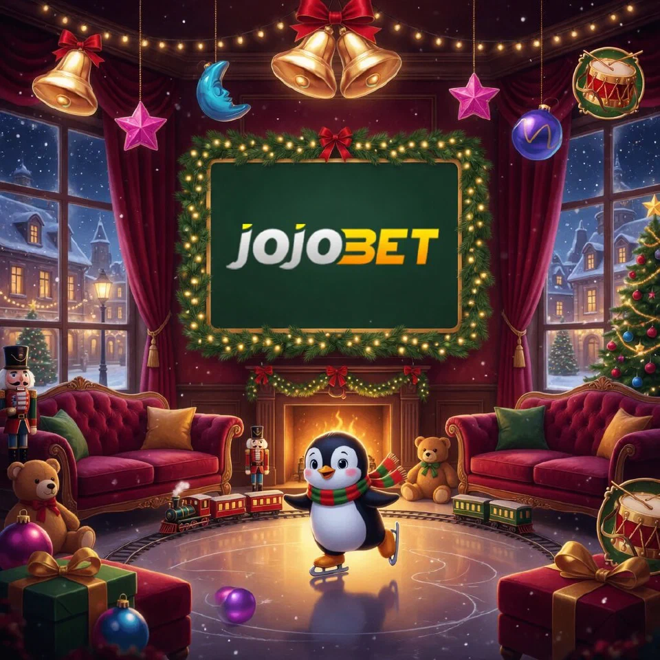 Jojobet logo on a festive sign in a velvet lounge with Christmas lights, with a skating penguin toy