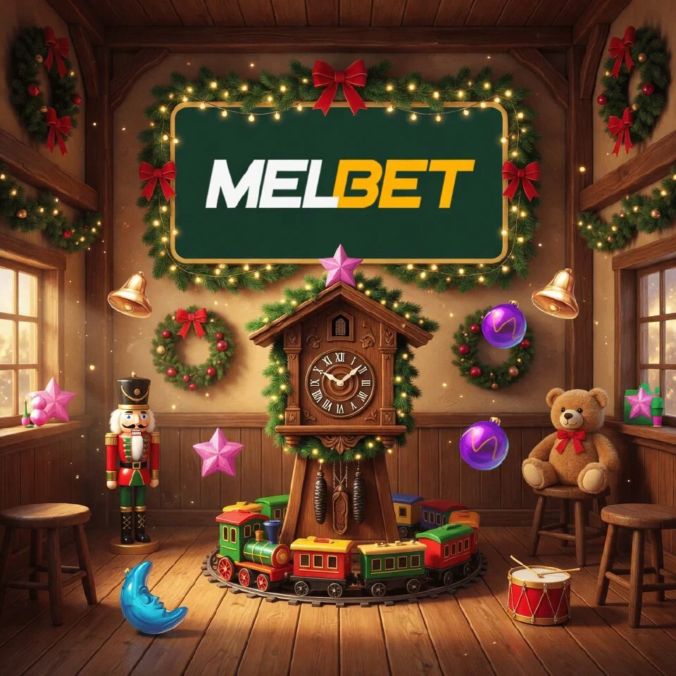 Melbet logo on a festive sign in a warm wooden saloon-style hall with wreaths, with a cuckoo clock with pine garland