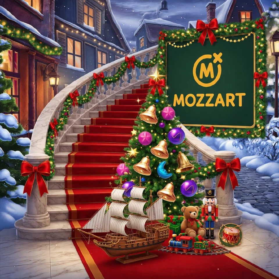 MozzartBet logo on a festive sign in a grand staircase with red carpet and garlands, with a wooden toy ship under a tree