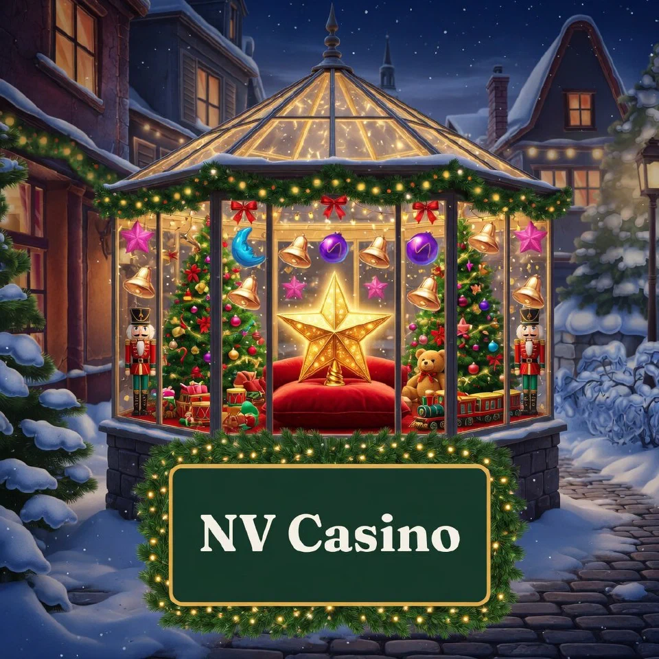 NV Casino logo on a festive sign in a glass conservatory full of decorated trees, with a golden star tree topper on velvet