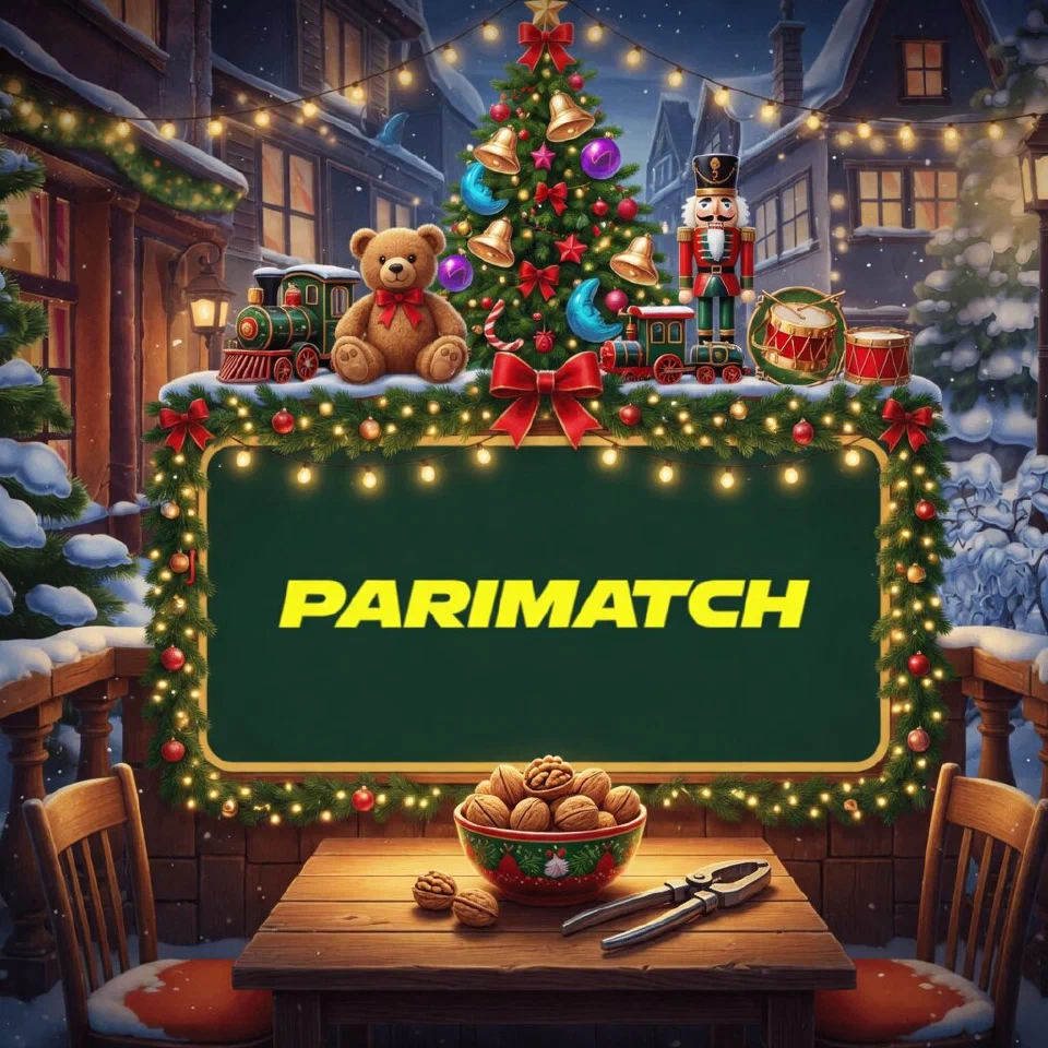 Parimatch logo on a festive sign in a rooftop terrace with fairy lights over a snowy city, with a bowl of walnuts and a nutcracker tool