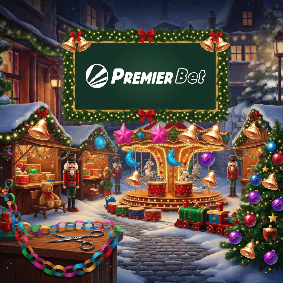 Premier Bet logo on a festive sign in a Christmas market square with a carousel, with a paper chain garland and scissors