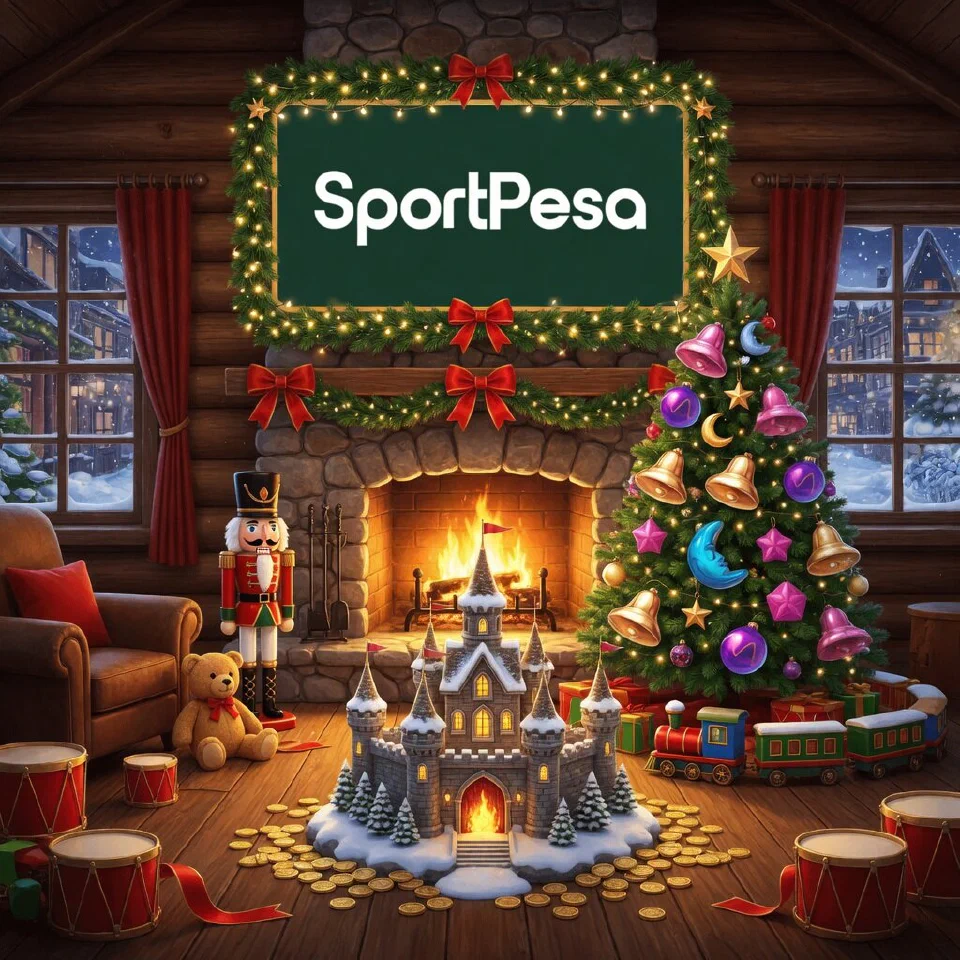 SportPesa logo on a festive sign in a cozy lodge lounge with a big fireplace, with a toy castle covered with fake snow