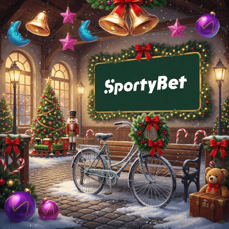 SportyBet logo on a festive sign in a train-station hall decorated for Christmas, with a frosted bicycle with a wreath on the basket