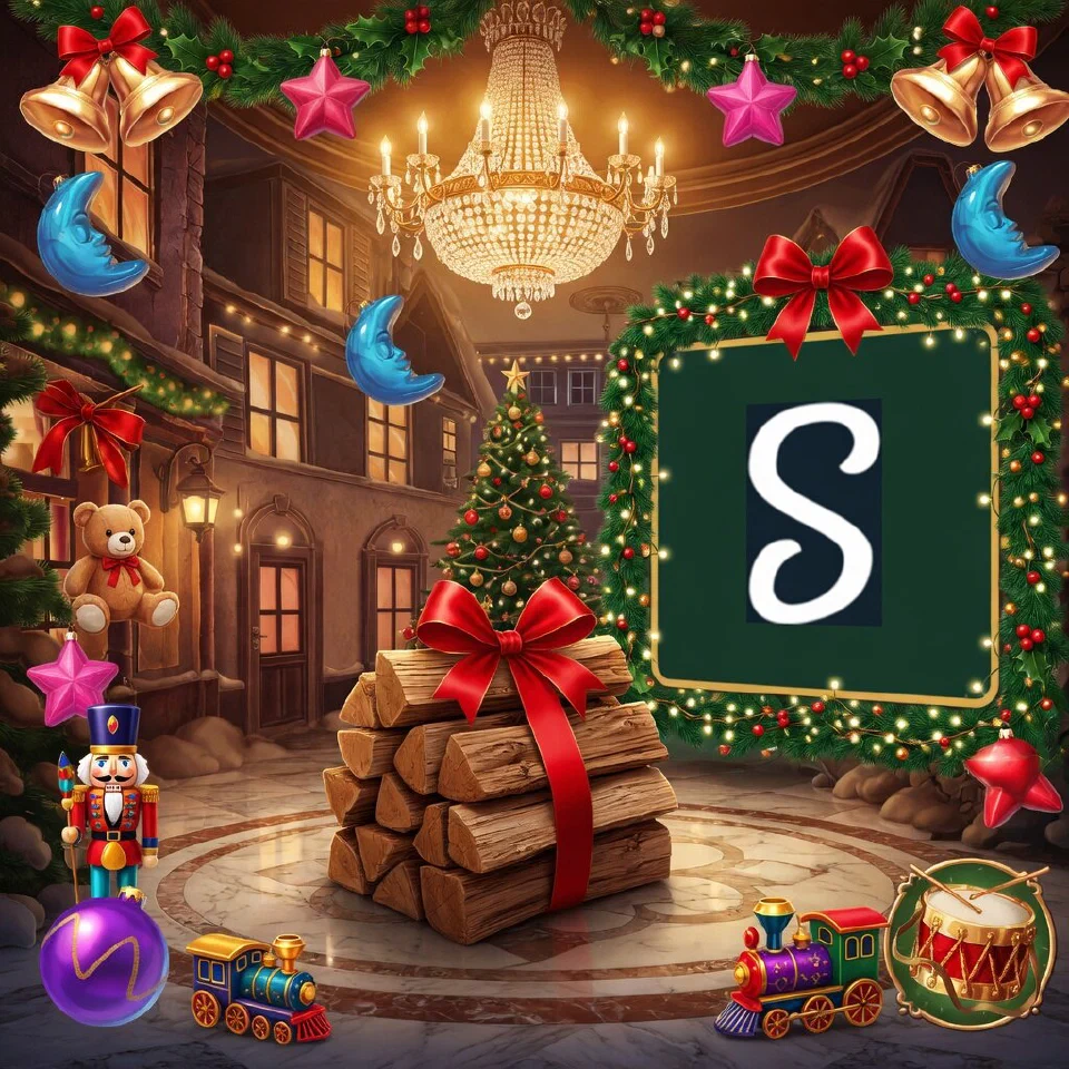 Stake logo on a festive sign in a theatre foyer with chandeliers and garlands, with a bundle of firewood with a red ribbon