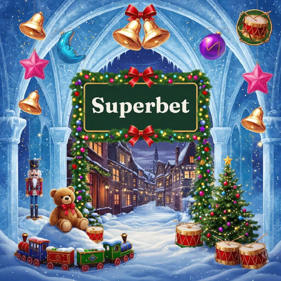 Superbet logo on a festive sign in an ice palace hall with frosted arches, with a snowy village gate with lights