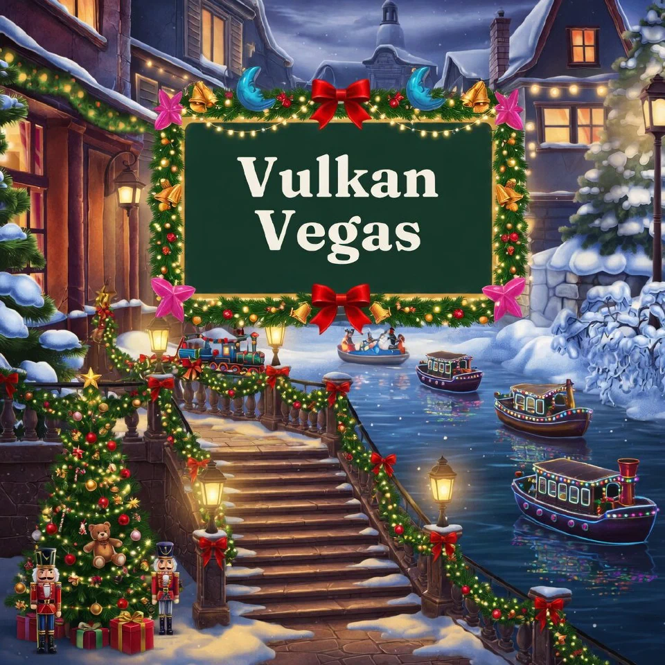 Vulkan Vegas logo on a festive sign in a riverside promenade with lit boats, with a lantern-lit staircase with garlands