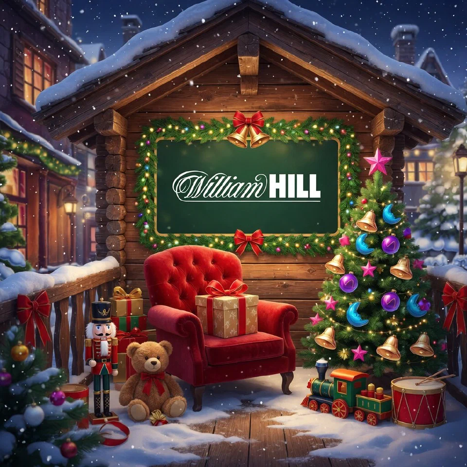 William Hill logo on a festive sign in a mountain chalet terrace under snowfall, with a velvet armchair with a gift on the seat