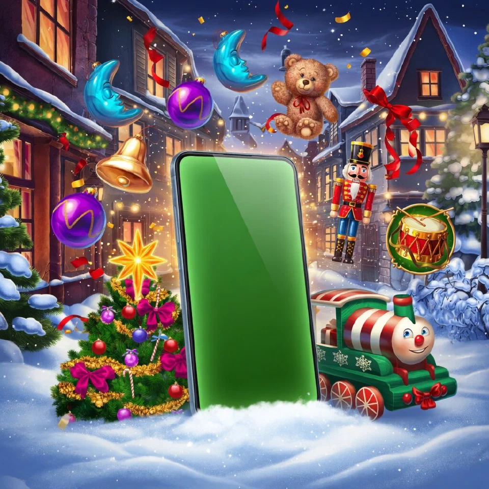 An Android smartphone with a green-lit blank screen beside a decorated mini tree and a toy train in the snow