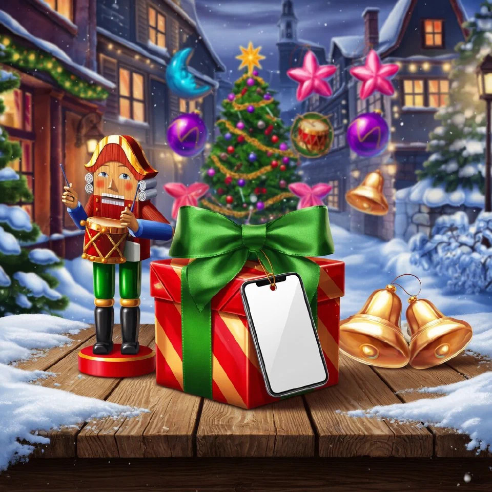 A small wrapped present with a phone-shaped gift tag on a snowy table beside a nutcracker and gold bells