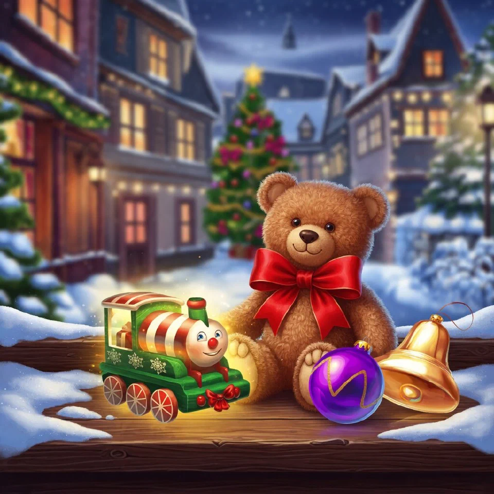 A teddy bear with a red ribbon beside a toy train, a purple bauble and a gold bell on a snowy windowsill