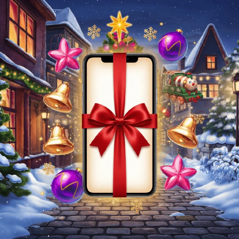 A smartphone tied with a red satin ribbon among purple baubles, gold bells and snowflakes