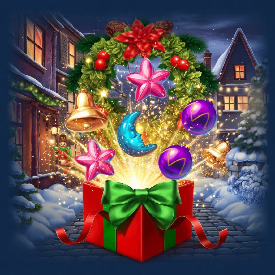 An open red present bursting with gold bells, pink stars, blue moons and purple baubles in front of a holly wreath