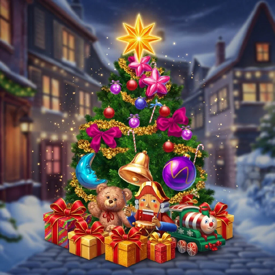 Happiest Christmas Tree artwork: a decorated tree with bells, stars, moons and baubles above a teddy bear, a nutcracker and a toy train