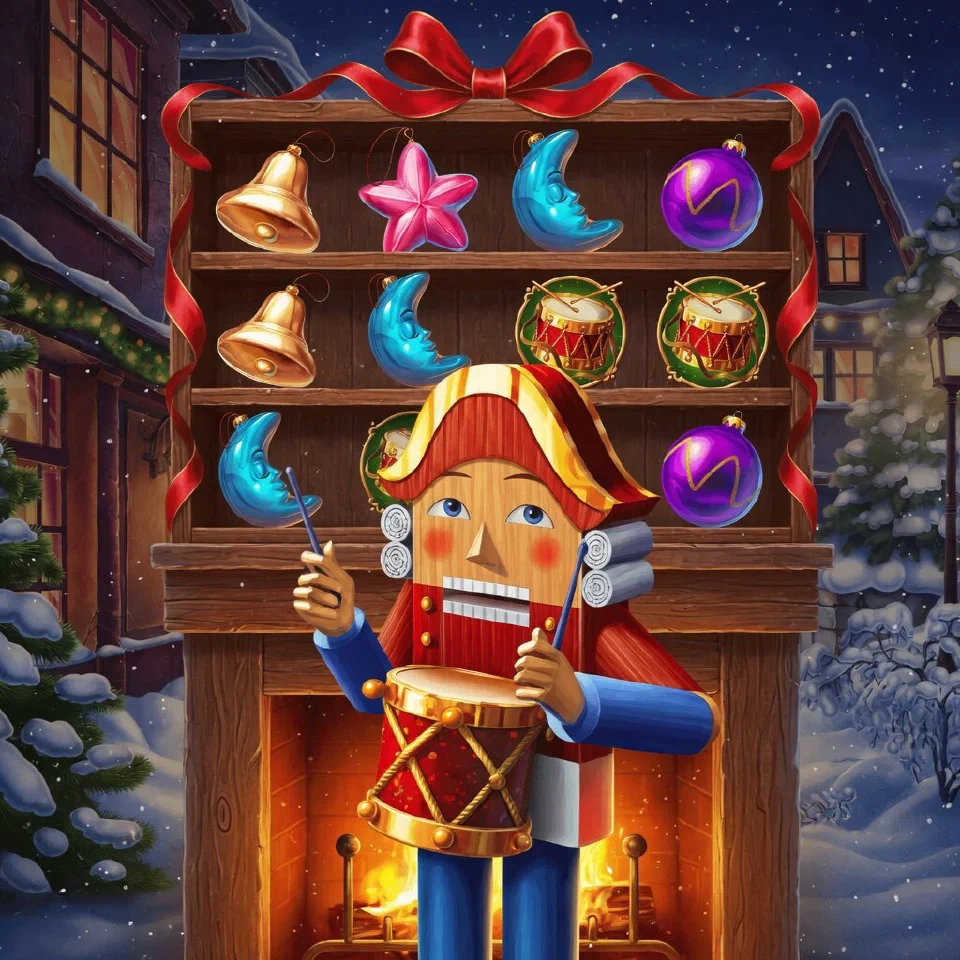 A nutcracker with drumsticks in front of a shelf of bells, stars, moons and baubles by a fireplace