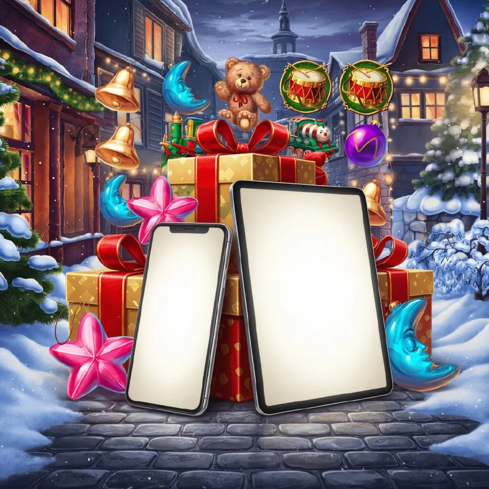 A silver smartphone and a tablet with blank glowing screens leaning on wrapped presents among stars and moons