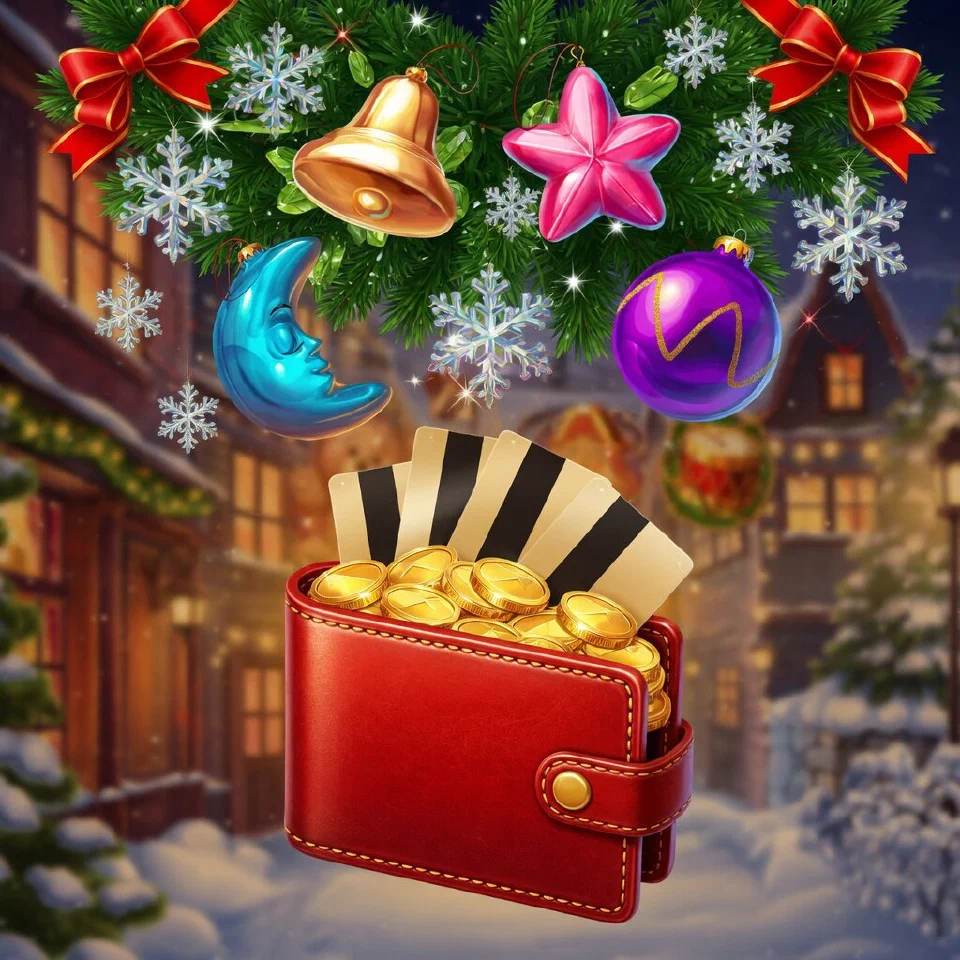 A red leather wallet overflowing with gold coins and blank cards under a decorated pine branch