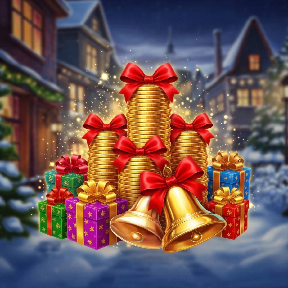 Stacks of gold coins tied with red bows among wrapped presents and a gold bell on a snowy street