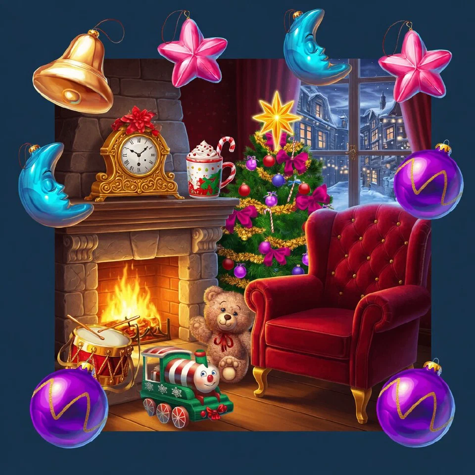 A cosy armchair by a fireplace with a mantel clock, a mug of cocoa and a small decorated tree