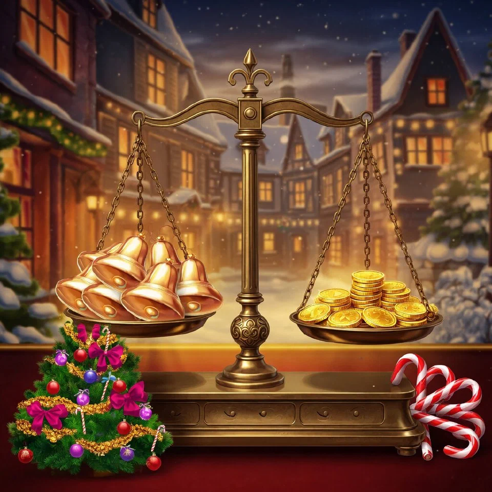 A brass balance scale holding gold bells and gold coins beside a small Christmas tree and candy canes