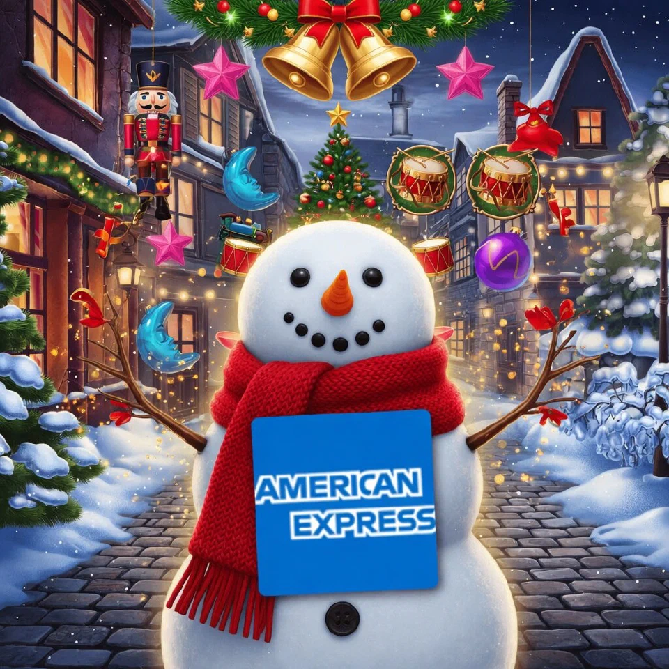 American Express logo on a Christmas scene with a snowman in a red scarf holding a blank card