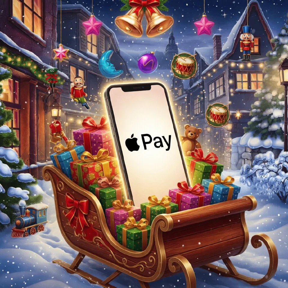 Apple Pay logo on a Christmas scene with a wooden sleigh of presents carrying a smartphone