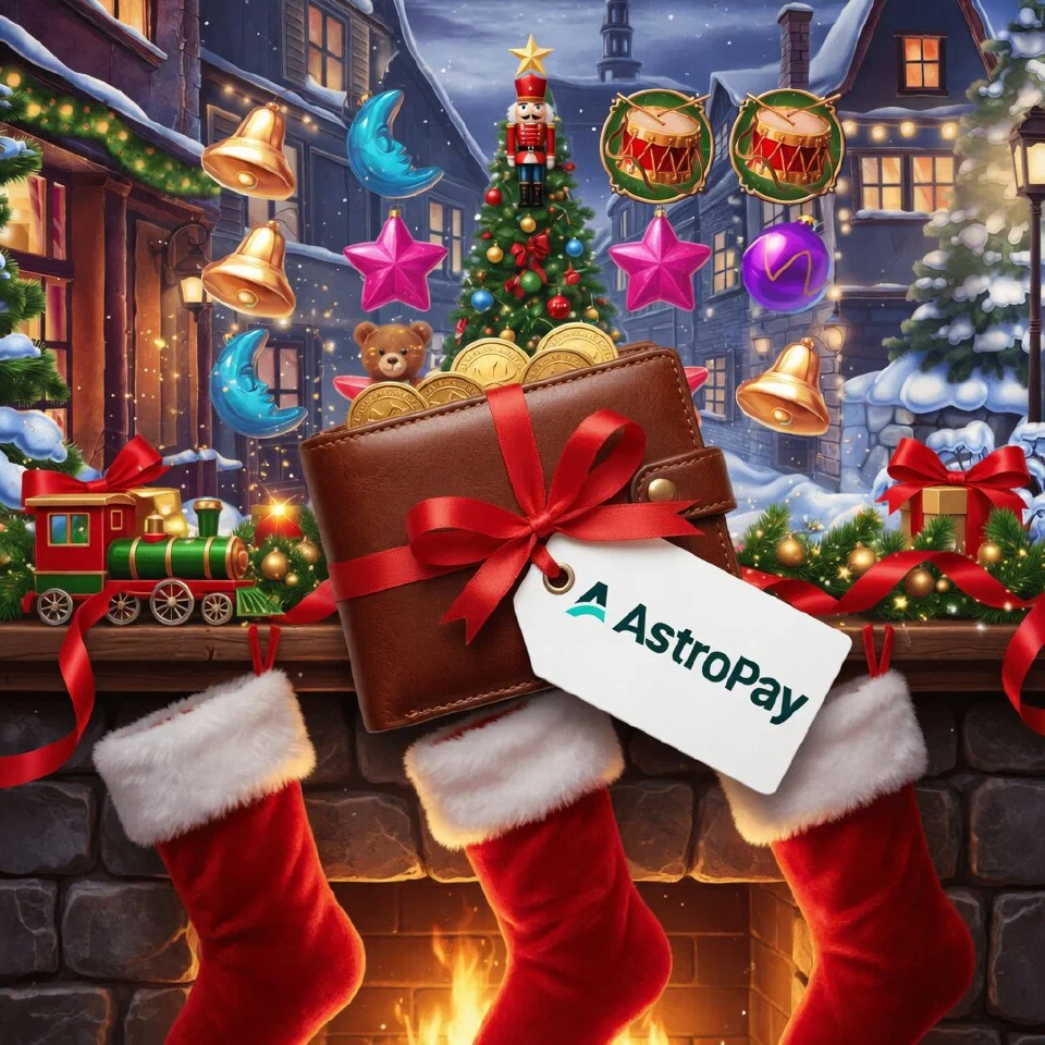 AstroPay logo on a Christmas scene with a wallet above Christmas stockings at a fireplace