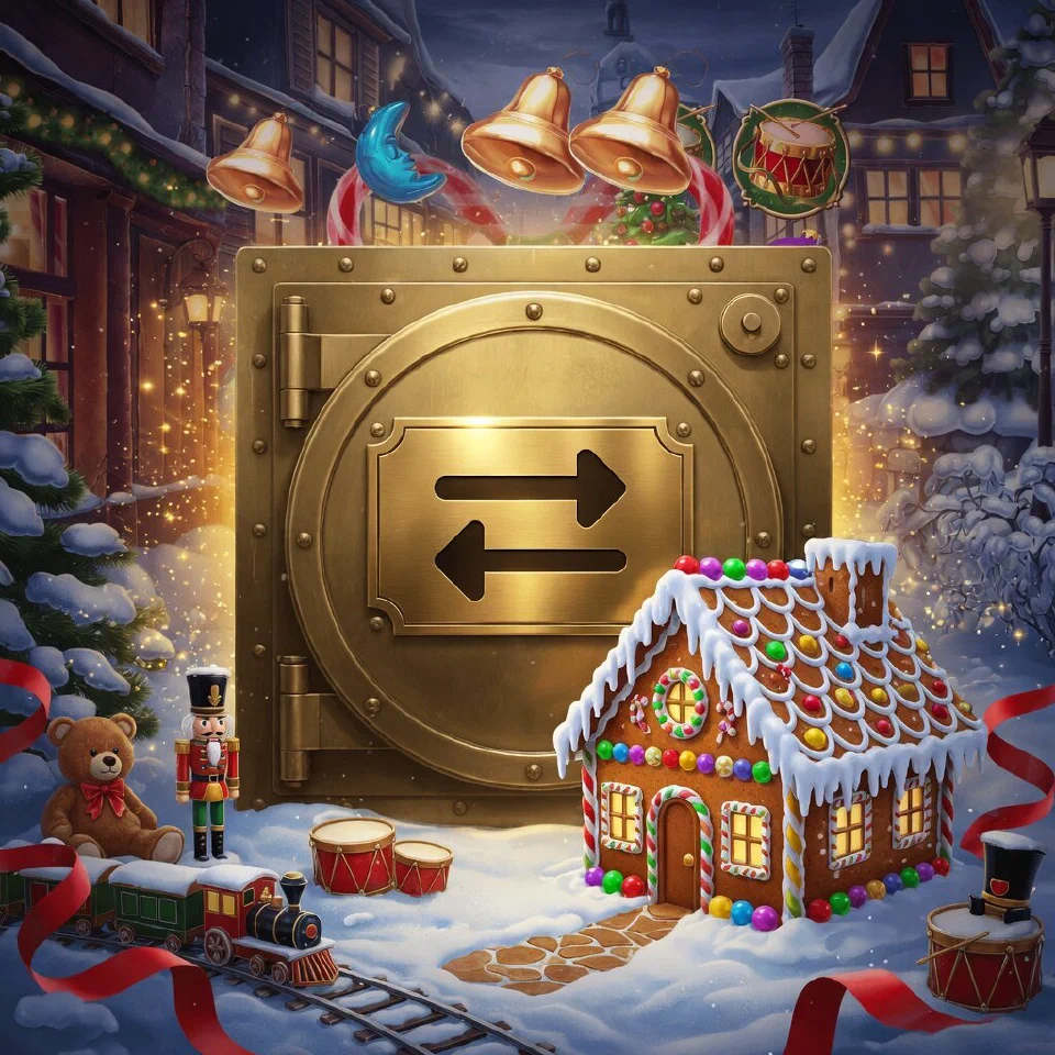 Bank transfer logo on a Christmas scene with a brass vault door beside a gingerbread house