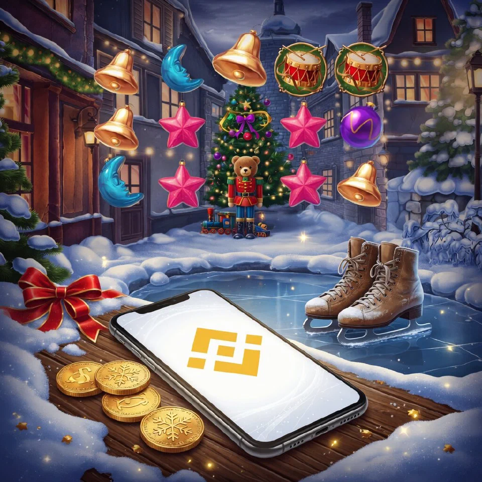 Binance Pay logo on a Christmas scene with a phone and gold coins beside ice skates on a frozen pond