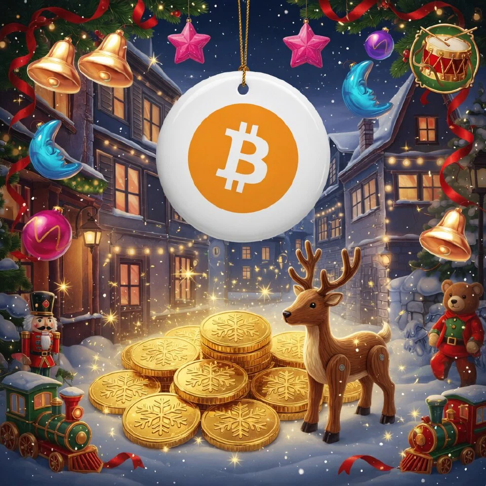 Bitcoin logo on a Christmas scene with a pile of gold coins next to a wooden reindeer toy