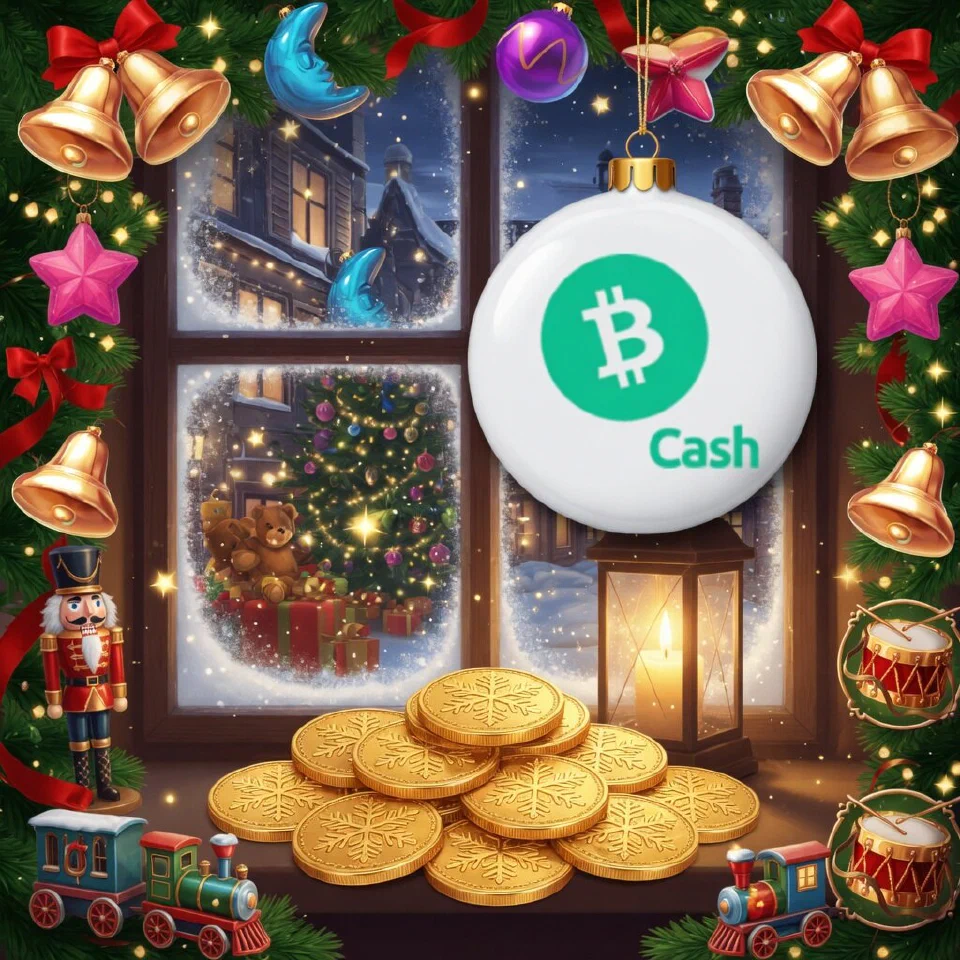 Bitcoin Cash logo on a Christmas scene with gold coins in front of a frosted window with a lantern