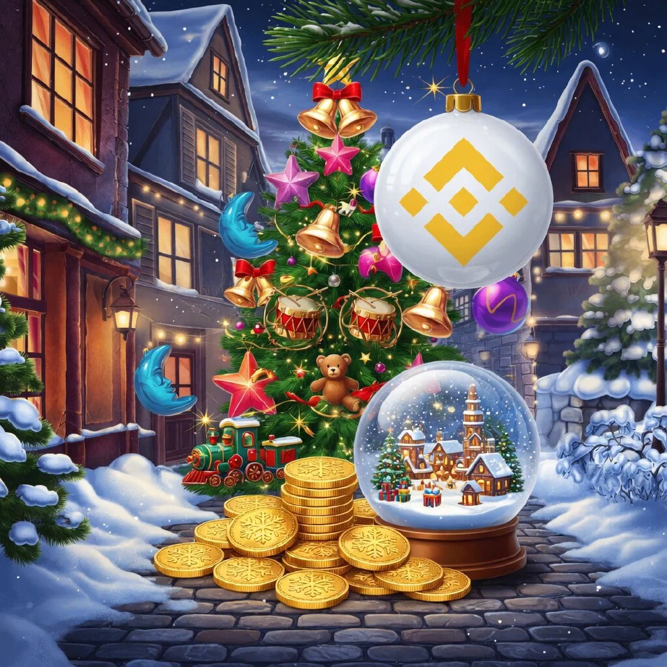 BNB logo on a Christmas scene with gold coins under a large snow globe with a tiny village